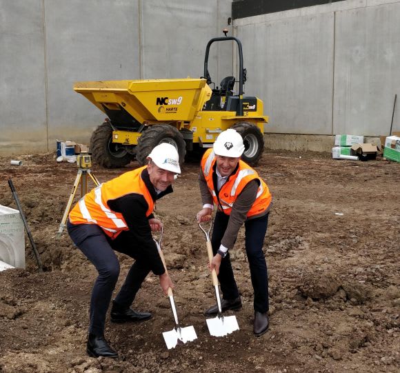 f Callum Knight, development director at Cedar Woods and Joe Grasso, managing director at Figurehead Construction, breaking ground at the project site